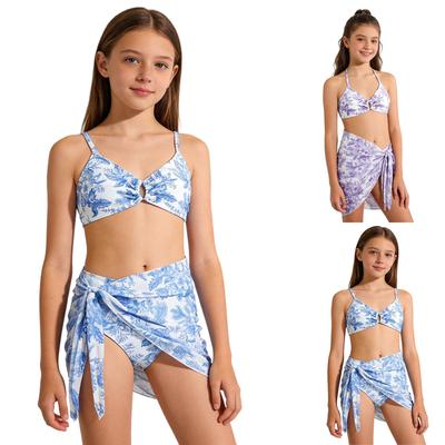 Trajes de Baño para Niñas 3 Piezas Bikini Cruzado Floral Tropical Conjuntos de Ropa de Baño para Niñas con Falda Cover Up 7 16T