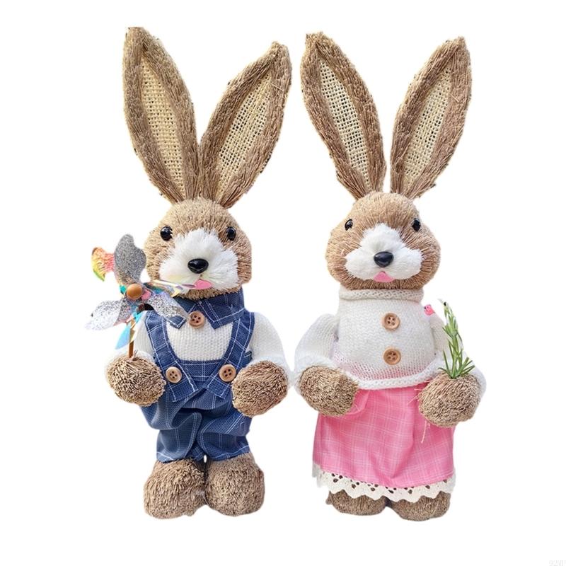 

92MF 2Pieces Easter Rabbit Straw Figures Decorative Rabbit Sculpture Rabbit Couple Statue For Indoor And Outdoor Celebration