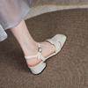 Cow Leather Square Toe Thick Med Heels Autumn Summer Buckle Straps Shoes Hollow Decorations Women Shallow Sandals