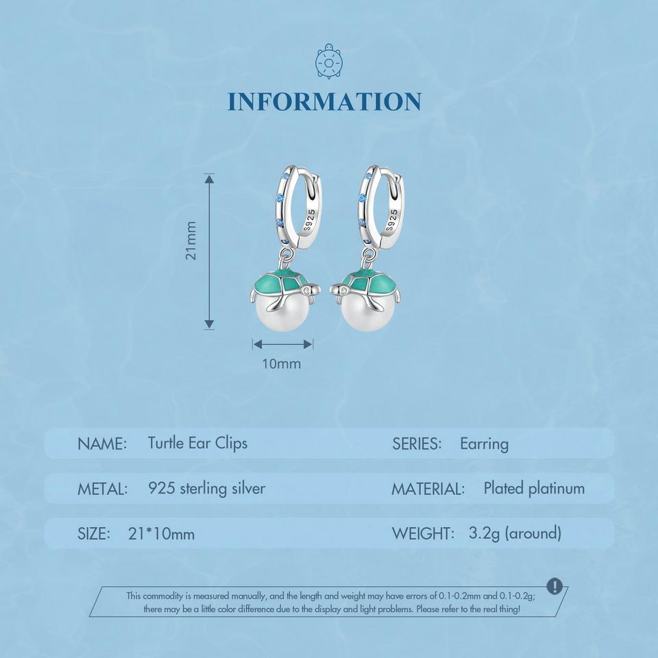 WOSTU 925 Sterling Silver Green Turtle White Pearl Drop Dangle Earrings For Women Summer Beach Jewelry Gift
