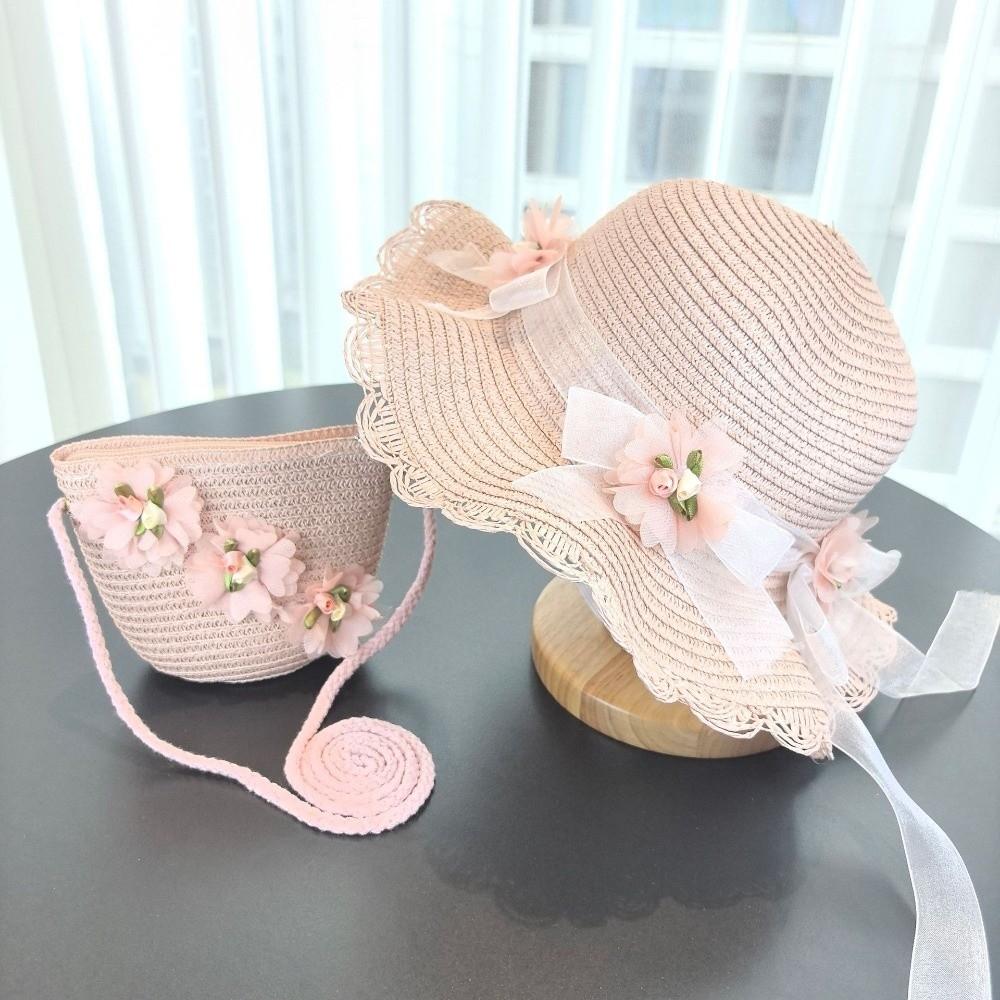 Solid Color Sun Hat Floral Style Fisherman Hat Trend Straw Hat Small Bag Set Fashion Accessory