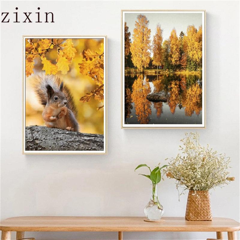 Autumn Forest Pumpkin Maple Leaves Landscape PosterWall Art Canvas Painting Squirrel  and Painting Wall Posters Livingroom Decor
