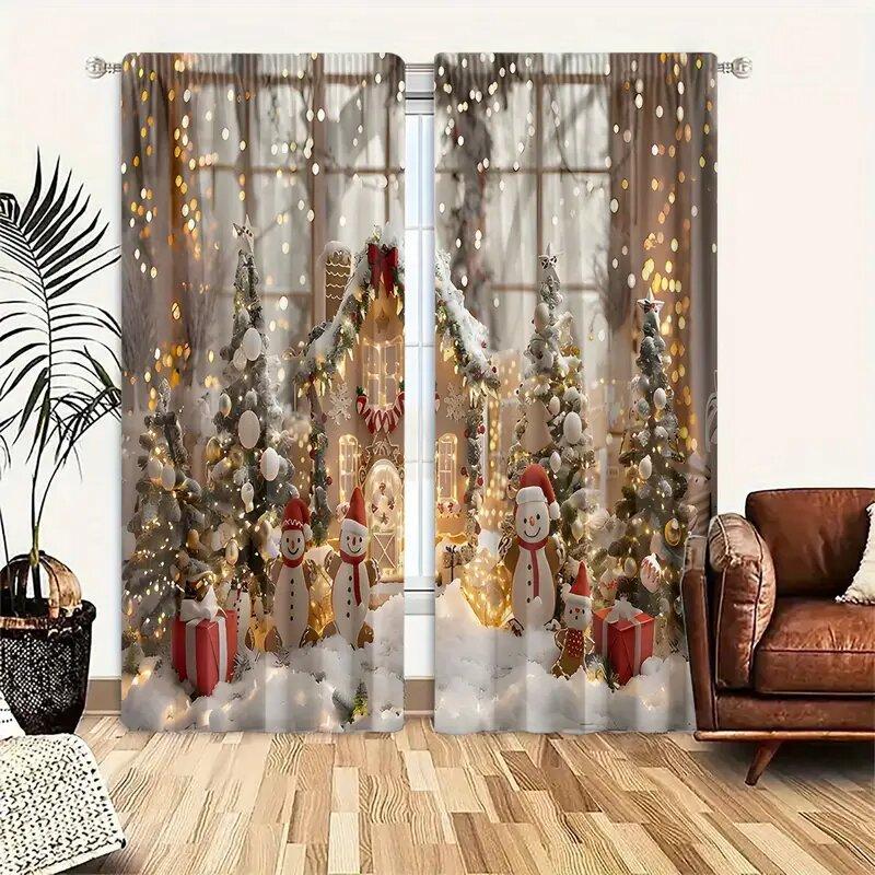 Set Of 2 Christmas Holiday Snowman Tree Pattern Printed Curtains Home Decoration Room Curtain Polyester