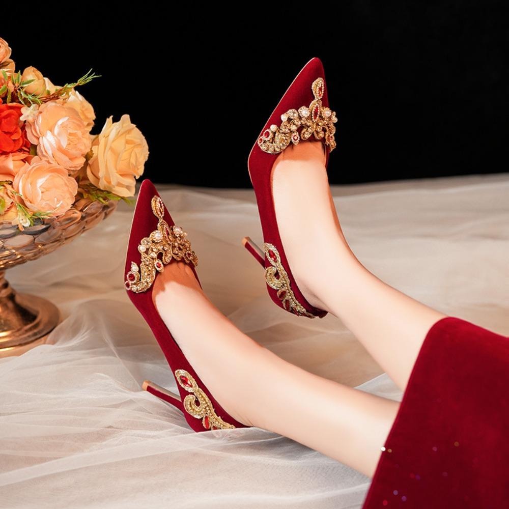 Women's High Heels Rhinestone Pointed Toe Red High Heeled Shoes Wedding Shoes Women's New Banquet High Heels Wedding Bride Shoes