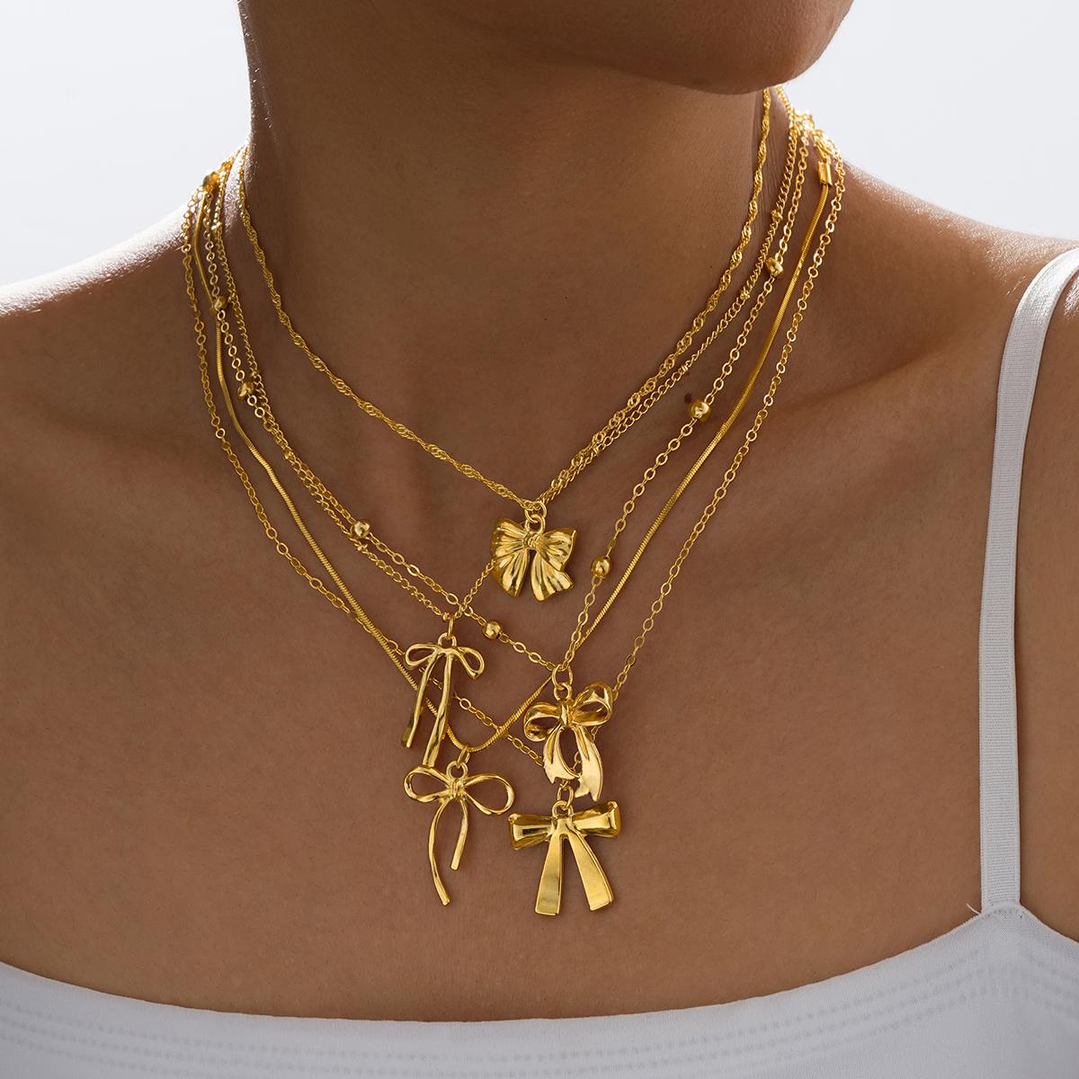

5pcs Elegant Cute Bow Pendant Necklace Set for Women Classic Simple Design Bowknot Multi-Layer Necklaces Daily Wear Jewelry Gift