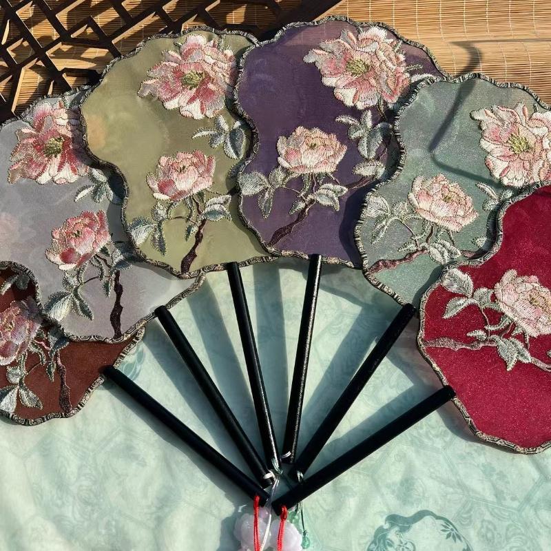 Chinese Style Hanfu Ancient Fan Dance Shooting Long Handled Embroidered Classical Double Sided Fan Female Decorative Fan