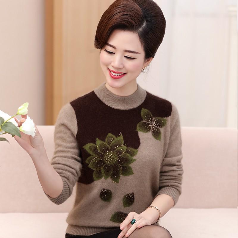 Women's Plus Size Knit Sweater - Velvet Thickened Base Layer for Middle-Aged & Elderly, Autumn/Winter Loose Fit.