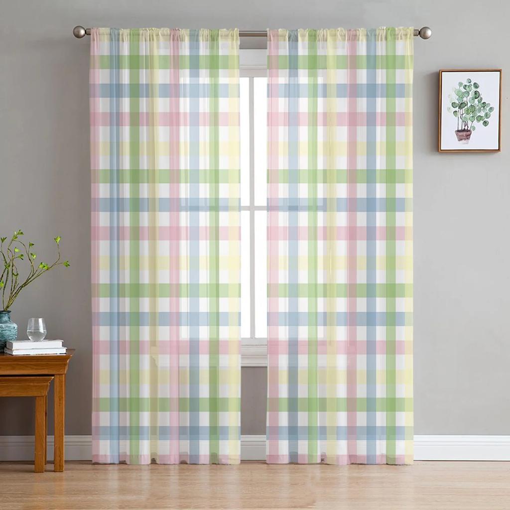 Plaid Geometric Weave Voile Sheer Curtains For Living Room Window Chiffon Tulle Curtain Kitchen Bedroom Drapes Home Decor