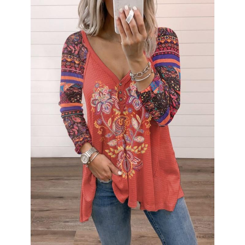 

Женский свободный топ с V-образным вырезом и длинными рукавами на весну и осень 5XL кирпич красный