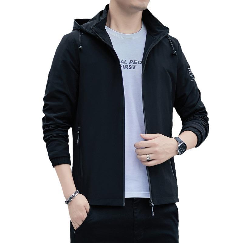 Men's Windproof Hooded Jacket - Spring/Autumn Versatile Slim Fit Solid Color Casual Outerwear