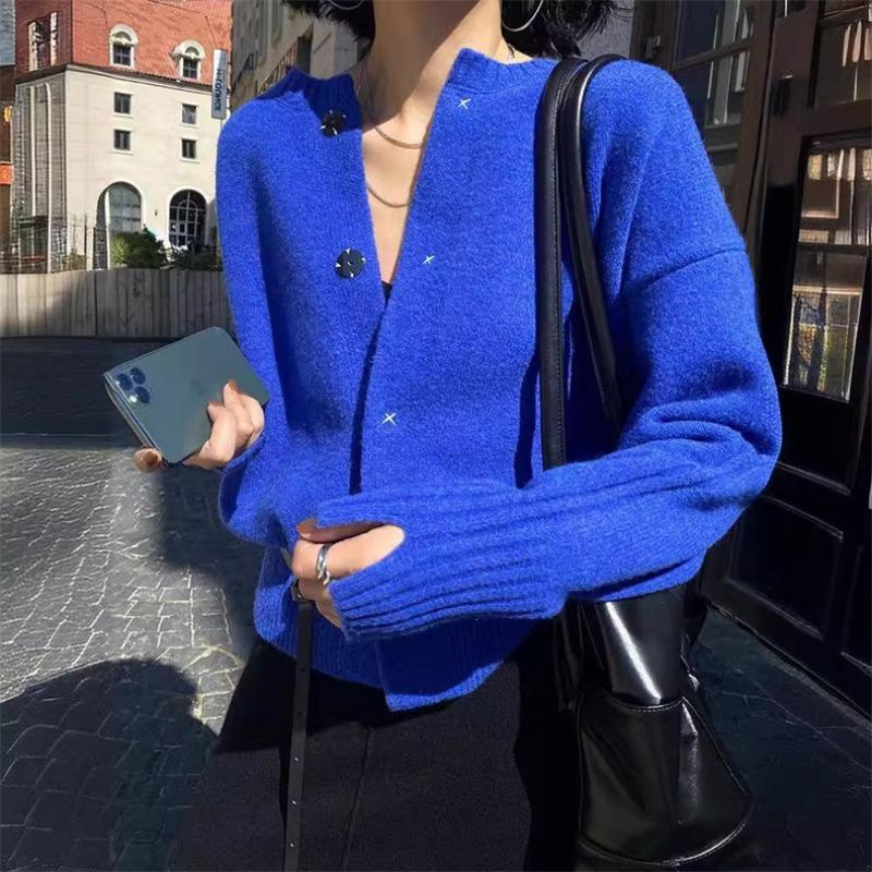 Autumn and winter new knitted cardigan sweater atmosphere pumpkin color lazy wind outside wear crew neck niche top coat women