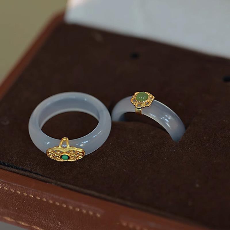 Ventfille Copper Chalcedony An Jade Ring For Woman Vintage Turquoise Jewelry Accessories Girls Dropshipping