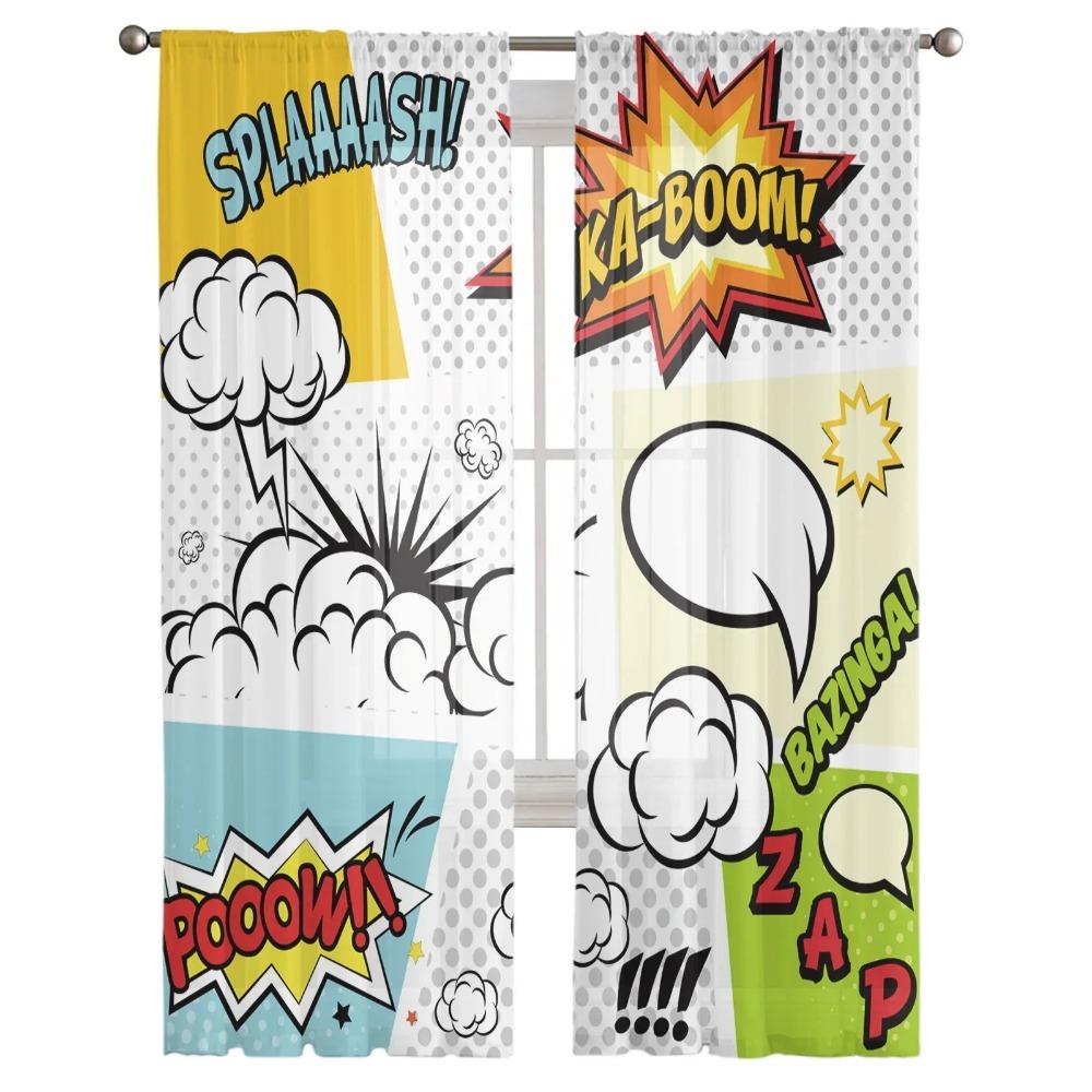 Dialog Box Explosion Tulle Curtains for Living Room Print Sheer Voile Curtain Bedroom Window Screening Drapes Blinds Home Decor