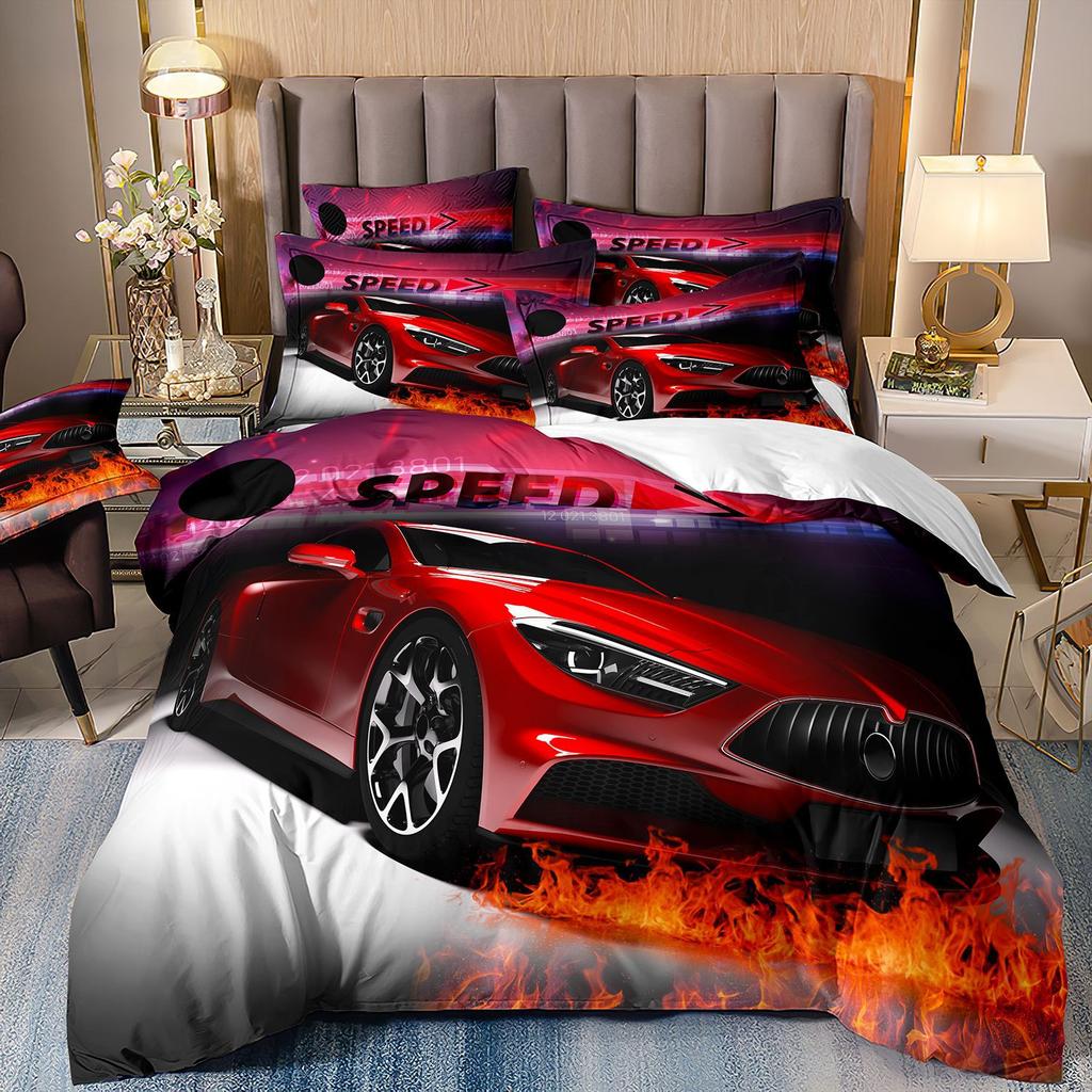 Bedding Three-Piece Set 3D Digital Printing Cartoon Fire Truck Children'S Polished Duvet Cover