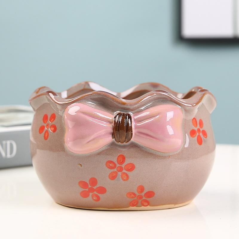 Niedlicher Blumentopf mit Schleife, Sukkulententopf, Keramik-Pflanzgefäß, Heimdekoration, Desktop-Ornamente, Bonsai-Blumentopf, Gartendekoration