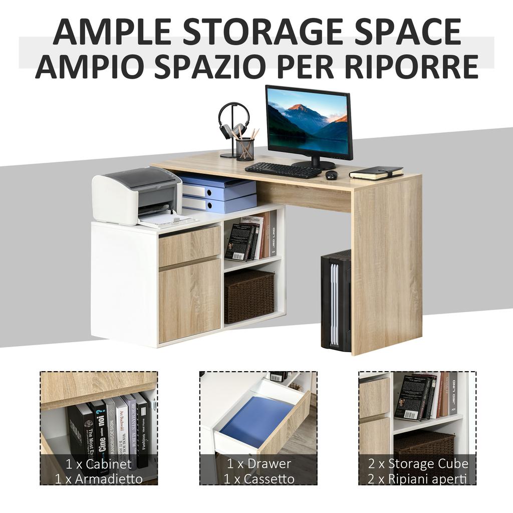 L-förmiger Schreibtisch, Eck-Computertisch mit Schublade, verstellbarem Regal, Schrank für Homeoffice und Arbeitszimmer, 120 x 92 x 75 cm, Eiche und Weiß