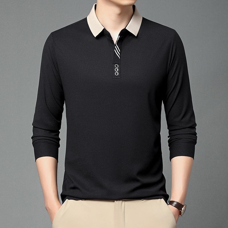 Polo de Manga Comprida Masculino de Primavera Gola Virada Cor Sólida Respirável Confortável Camisetas Casuais com Botões T-shirt Masculina