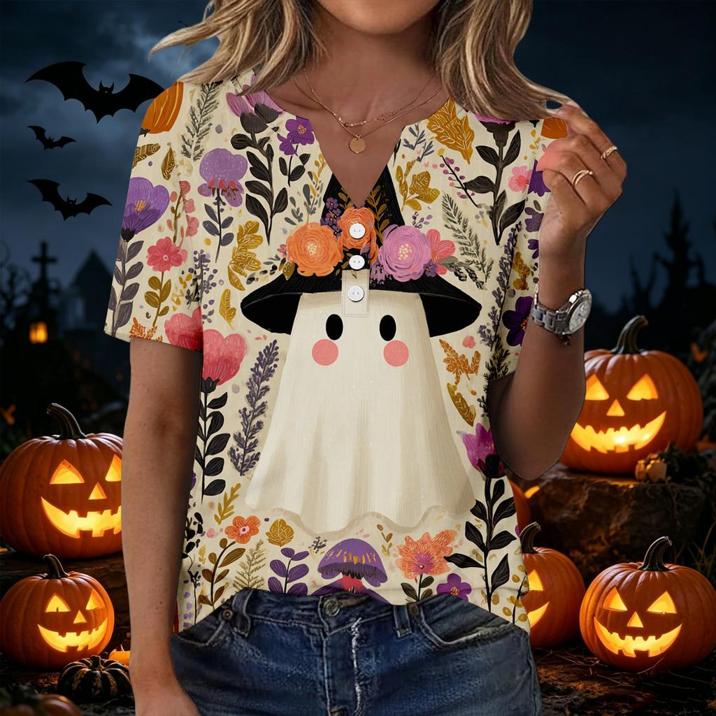 Women Casual V Neck Short Sleeve Button T Shirt Halloween Print Top Lightweight Comfortable Fit