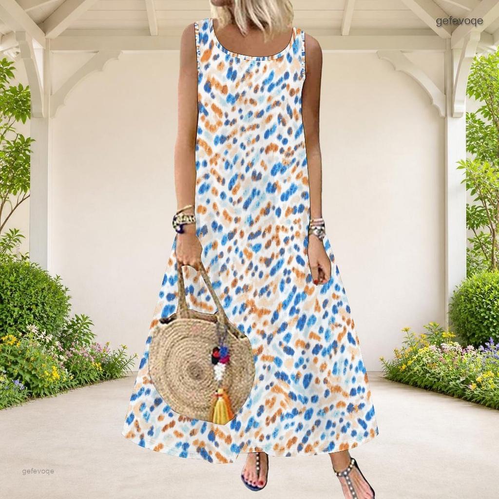 Women Plus Size Black Grey White Printed Scoop Neck Sleeveless A Line Long Dress