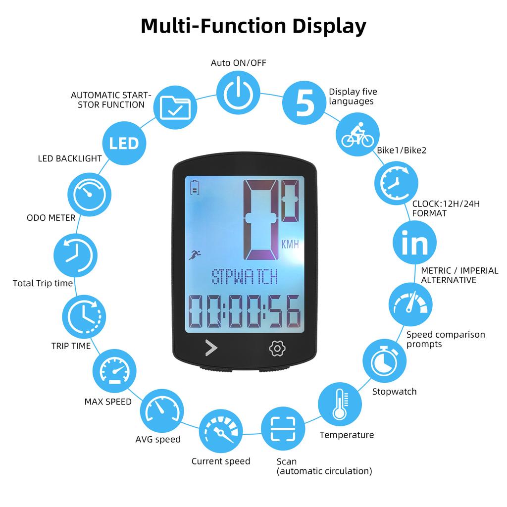 Kabelloser Fahrradcomputer mit Trittfrequenz, USB-wiederaufladbar, Multifunktion, hochauflösendes Display, IPX6 Fahrradtacho und