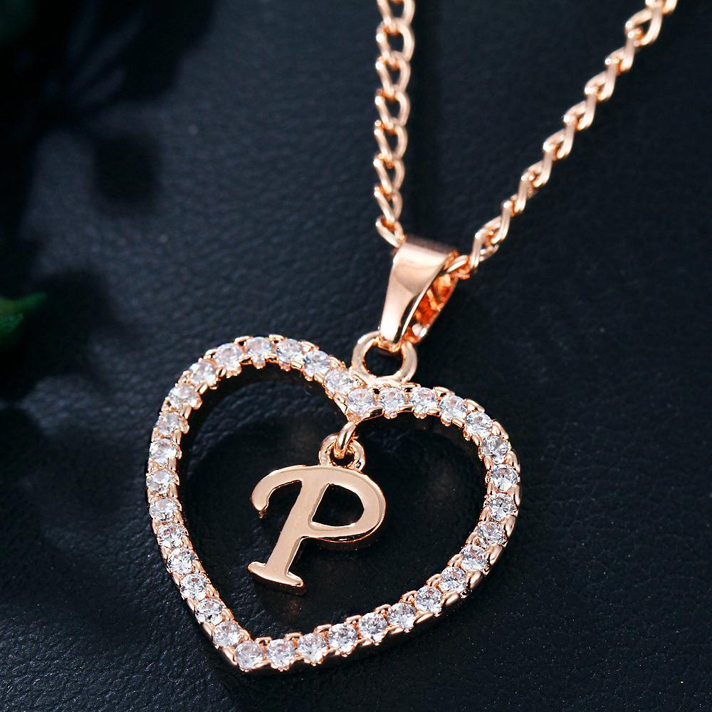 Heart Pendant Zircon Letter Necklace - 26 Letters Available