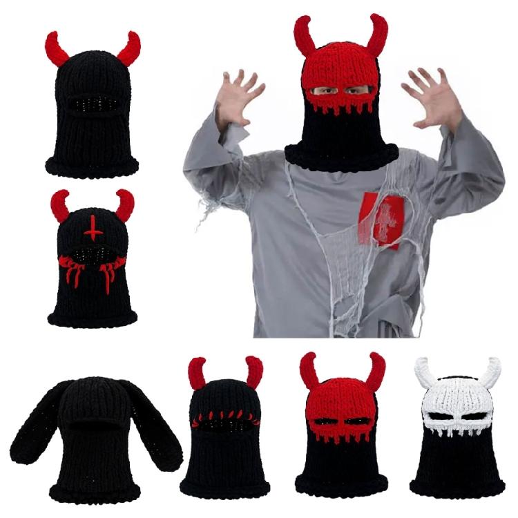 Devil Horn Face Cover Hat Knitted Balaclava Caps for Adult Teens Winter Warm Hat Adult Halloween Cosplay Costume Headwear