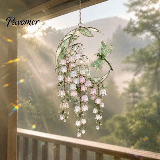Clear Acrylic Floral Ornament Stained Glass Style Flower Suncatcher, Lily of The Valley Dragonfly Window Indoor Outdoor Decorative Piece Hanging