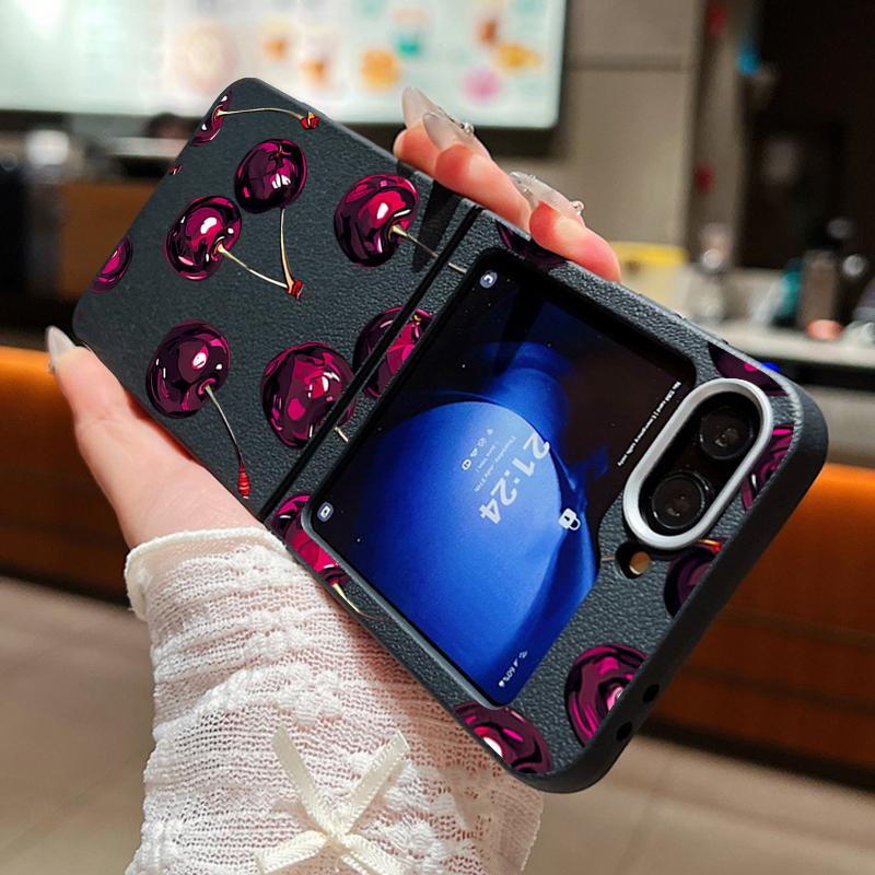 Z Flip 7 Case Retro Oil Painting Style Cherry Pattern Leather Texture Folding Fhone Cover For Samsung Galaxy Z Flip 7 6 5 4 Flip7 Flip6 Flip5