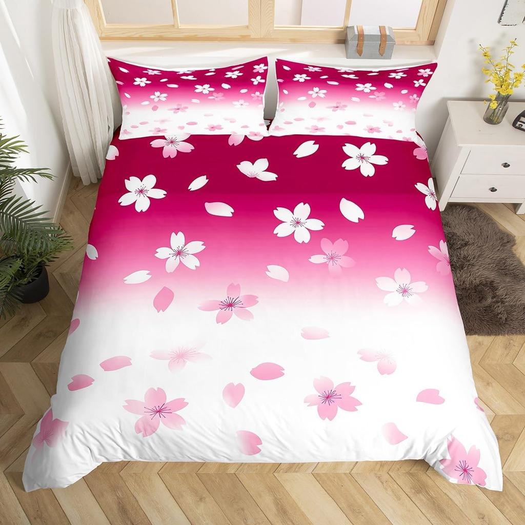 Pink Cherry Blossom Duvet Cover Twin King,Japanese Flowers Blossoms Romantic Floral Bedding Set,Farmhouse Petals Comforter Cover