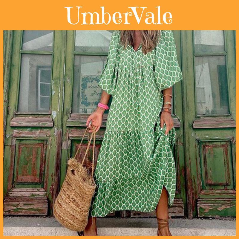 Bohemian Style Printed Lantern Sleeve Loose Maxi Dress For Casual Travel Women