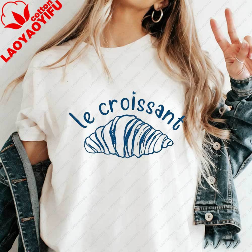 Damen Minimalist Le Croissant T-Shirt Französisch Blau Linienkunst Grafik-T-Shirt Baumwoll-T-Shirt Sommer Ästhetik Pariser Essensliebhaber Oberteile