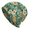 A Casual Outdoor Style Floral-Themed Knitted Hat - Featuring a Fresh Green Base with a Multicolored Flower Pattern, Made from Durable Knitted Fabric,