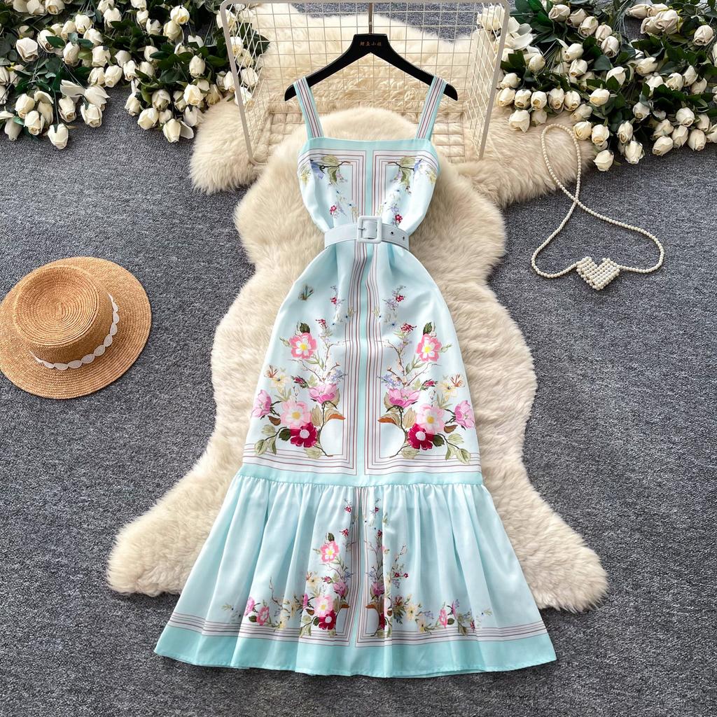 Elegante Vestito Midi con Stampa Floreale Azzurro Chiaro Donna Estate Senza Maniche Spalline Sottili A-line Vacanza al Mare Casual Bodycon Sirena