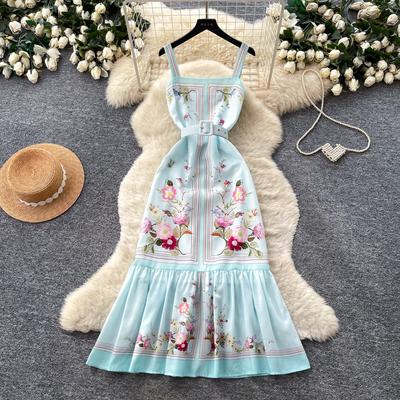 Elegant Light Blue Floral Print Midi Dress Women Summer Sleeveless Spaghetti Strap A-Line Beach Vacation Casual Bodycon Mermaid Dress