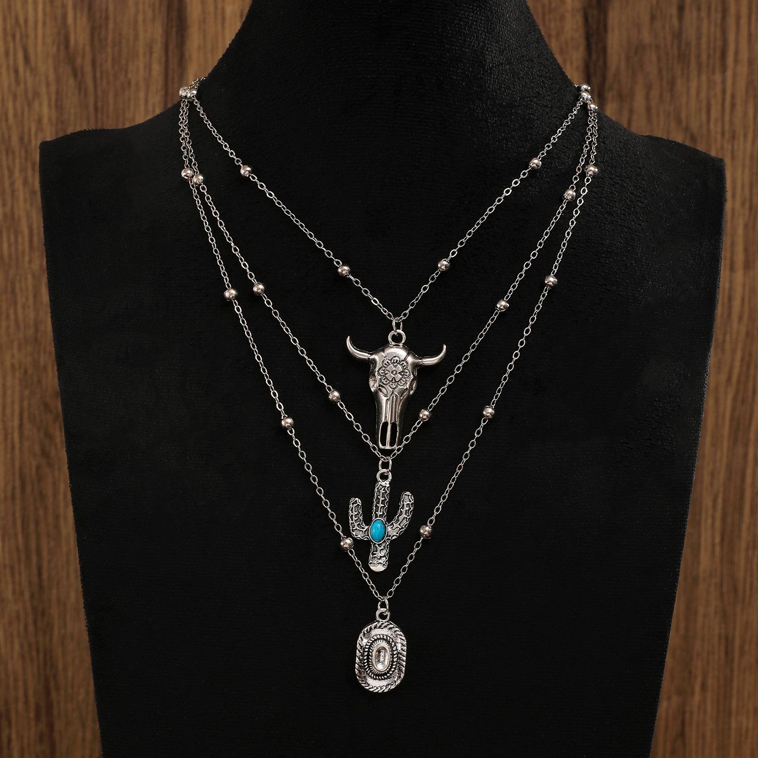 

Новый западный джинсовый стиль набор ожерелий, ретро голова быка бирюзовый шляпа сложенная шейная веревка, цепочка для ключицы.