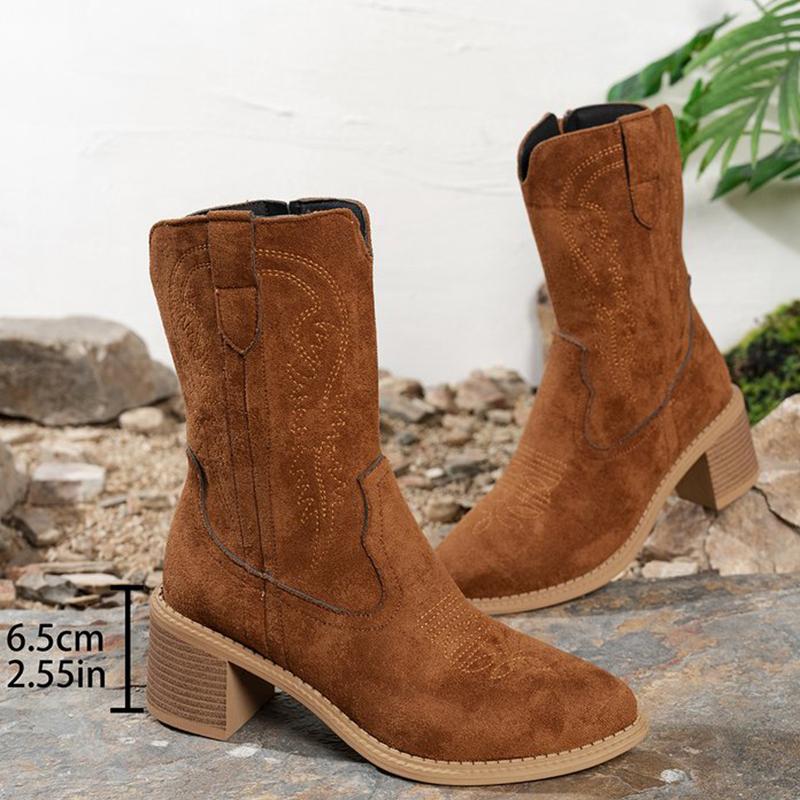 Fashion Retro Dark-Brown Embroidery Ankle Boots for Women Autumn Winter Zip High Heel Women's Boots Comfortable Suede Booties Woman