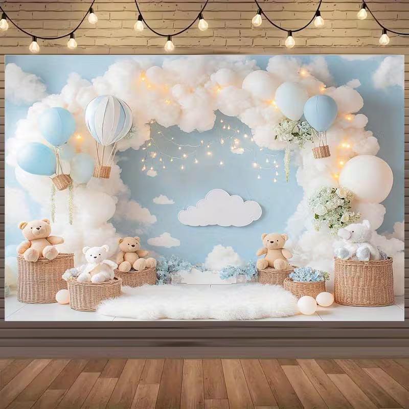 2D Bear Hot Air Balloon Photography Backdrop for Baby Shower