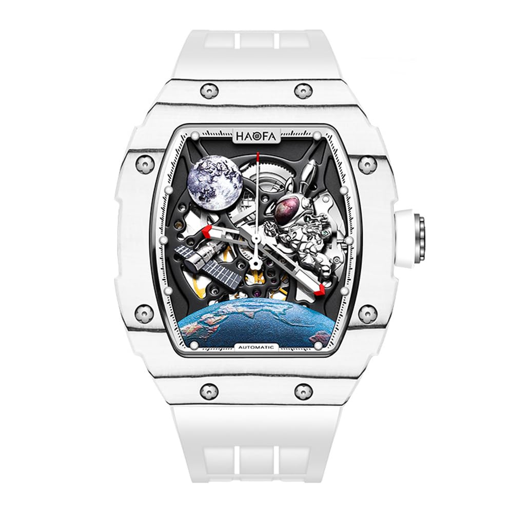 

HAOFA Watch Skeleton Carbon Fiber Case Mechanical Automatic Winding Power Reserve 50 Hours Hollow Dial Tonneau Type Luminous Waterproof Arm Watch Gift білий