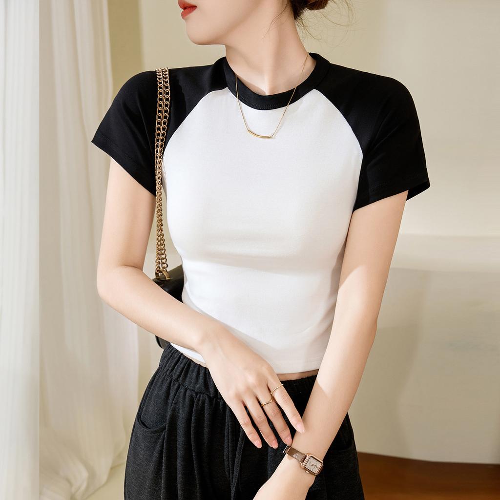 High Waist Blouse T-shirt Summer New Stitching Short-sleeved Cotton Base Shirt