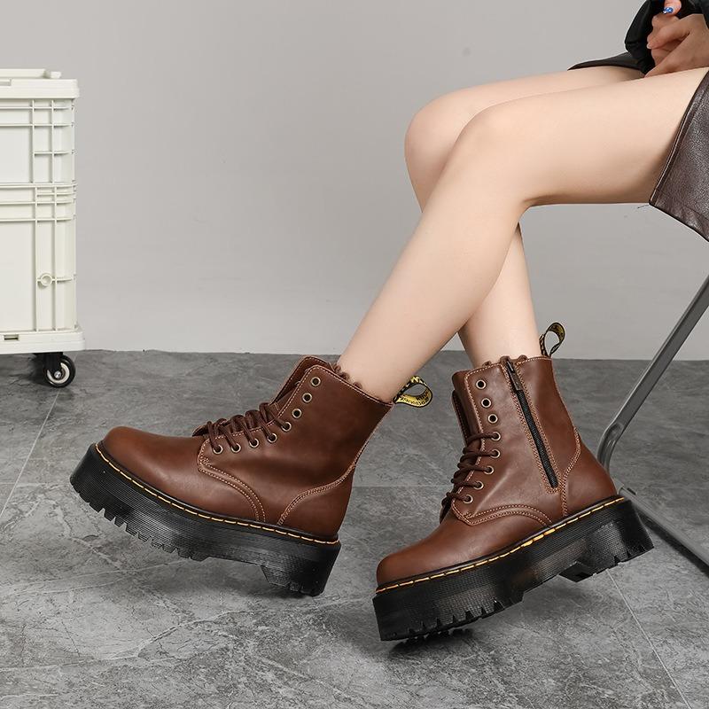Couple thick bottom hole locomotive boots women, side zipper mad horse brown short boots leather muffin bottom tooling