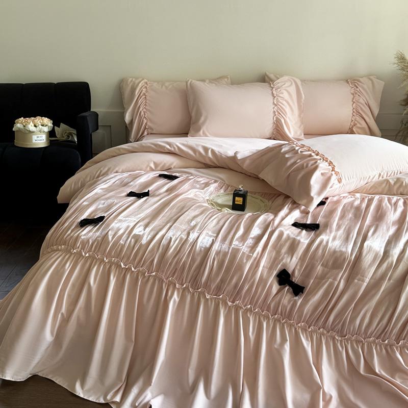 Vintage French Large Ruffles Black Bow Princess Bedding Set Duvet Cover Set Flat/Fitted Bed Sheet Pillowcases Pillowcases 4Pcs
