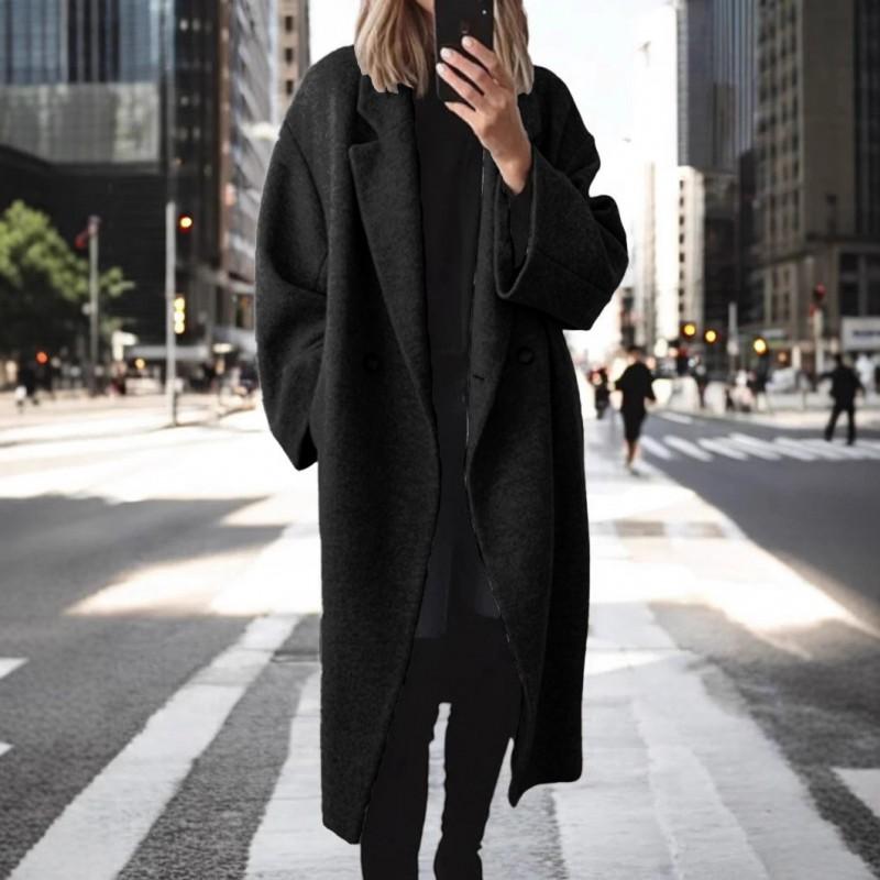 Womens Long Wool Blend Trench Coat Plus Size Slimming Workwear Outerwear