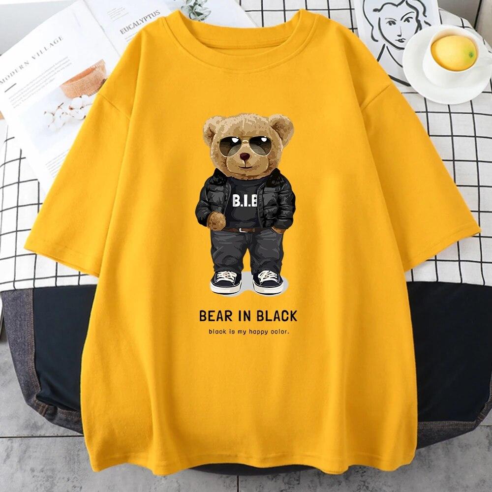 

Черный медведь «Это мой счастливый цвет» унисекс с коротким рукавом с героями мультфильмов винтажная дышащая одежда повседневная креативная хлопковая футболка унисекс 3XL