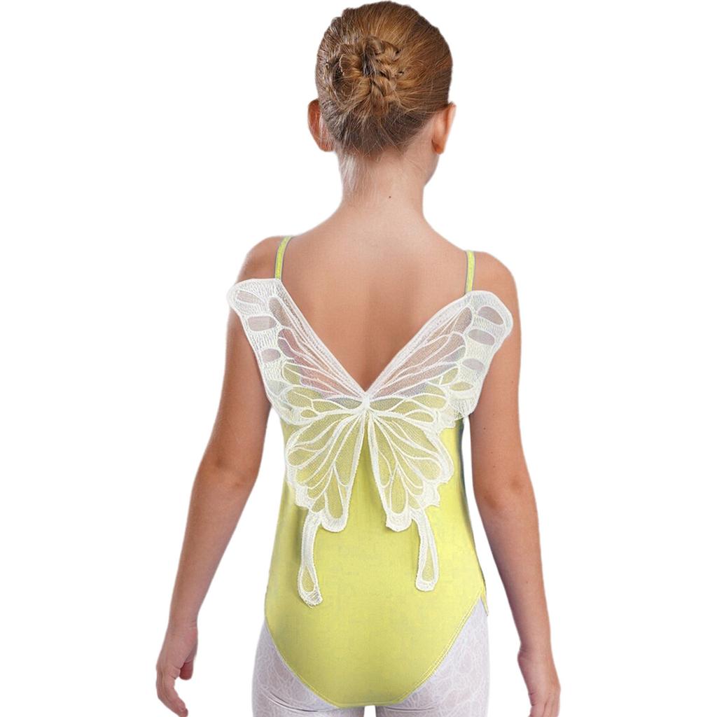 Girls Ballet Gymnastics Performance Leotard Butterfly Back Design Ruched Mesh Collar Spaghetti Straps Dancewear
