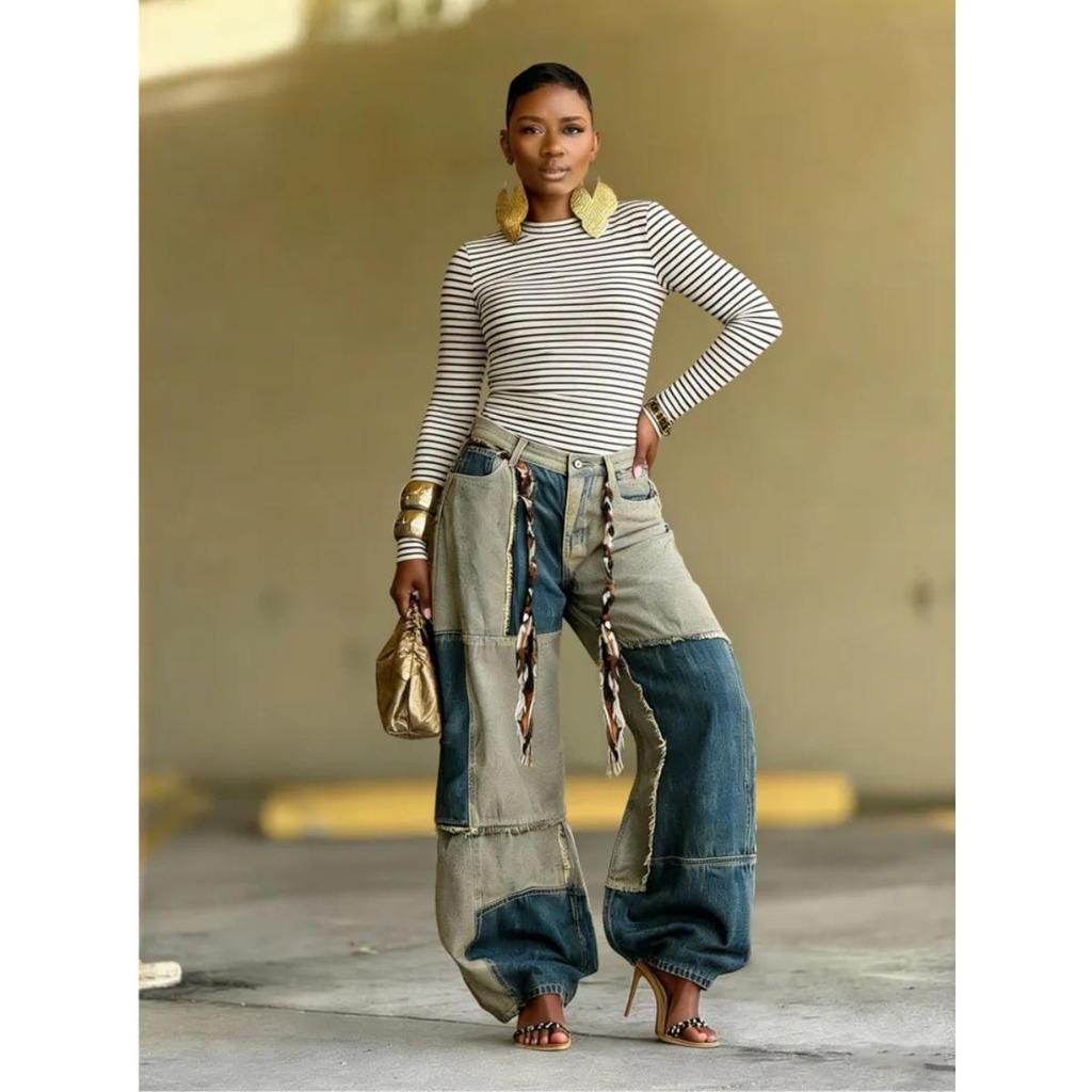VIONA European Style Two-color Splicing Contrasting Curved Edge with Waist Belt Denim Jeans for Women