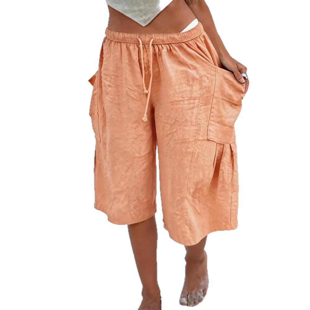 Summer Women's Linen Blend Drawstring Elastic Waist Wide Leg Knee Length Casual Shorts with Pockets