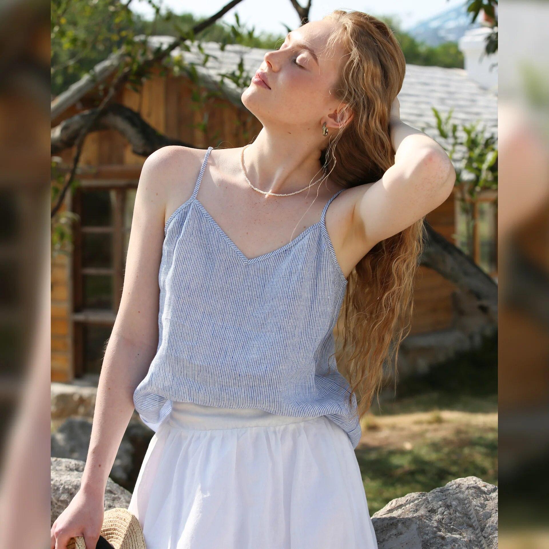 

Французский ленивый жилет с подтяжками, небесно-голубой полосатый жилет, женские свободные топы без рукавов с v-образным вырезом, летние L синий