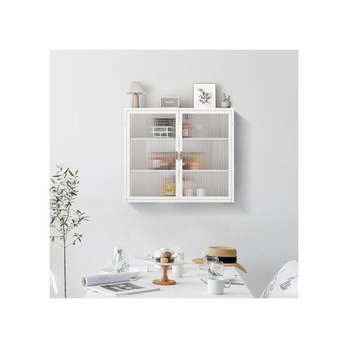 Armoire Murale - MUVOE - 70 Cm - Double Porte Vitrée - Blanc - 3 Niveaux De Rangement