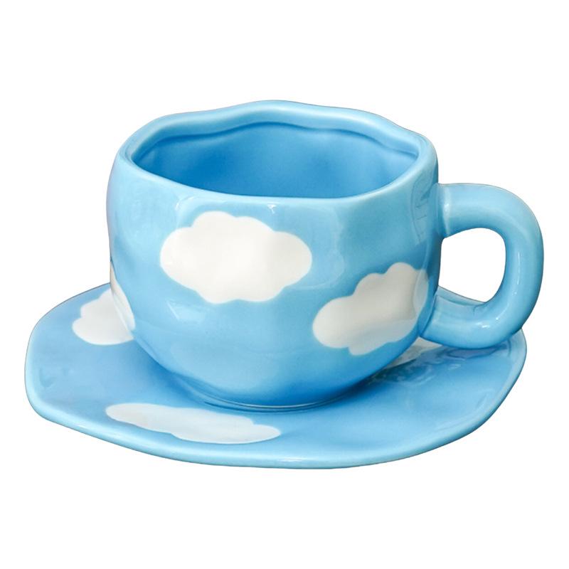 Blue Sky White Clouds Ceramic Mug and Saucer Set - Personalized Portable Coffee Cup for Couples