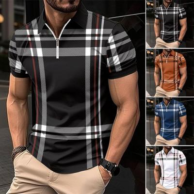 Men Summer Shirt Lapel Zipper Color Matching Plaid Striped Print Slim Fit Short Sleeve Pullover Mid Length Soft Breathable Men Business Top